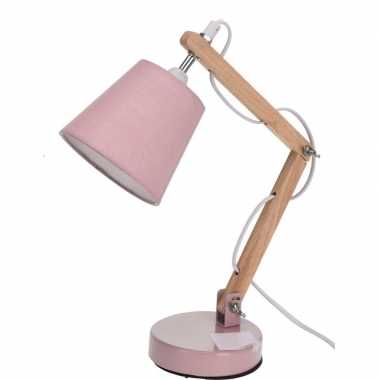 Camping roze tafellamp/bureaulamp hout/metaal 26 cm kopen